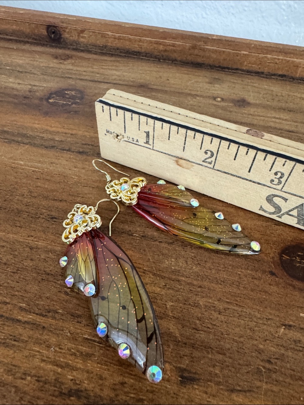 Gold-Accent Monarch Butterfly Wing Drop Earrings in Red and Yellow - Picture 4 of 4